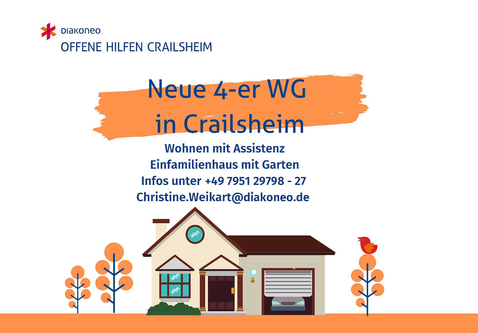 Informationsgrafik der Diakoneo Offenen Hilfen Crailsheim zur neuen 4er-Wohngemeinschaft in Crailsheim: Wohnen mit Assistenz in einem Einfamilienhaus mit Garten. Kontakt: +49 7951 29798-27, Christine.Weikart@diakoneo.de. Illustration eines Hauses mit Bäumen und einem Vogel.